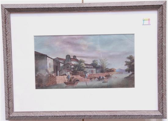 Appraisal: CHINESE WATERCOLOR River scene with houses and boats x sight