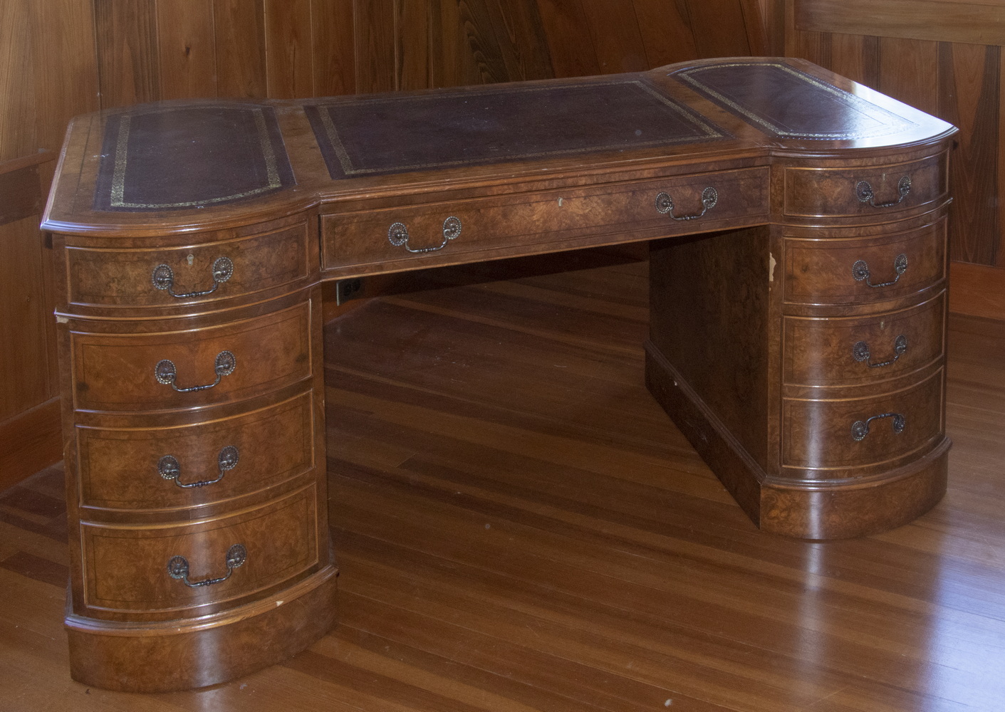 Appraisal: MAHOGANY PARTNERS DESK Three-Part Burl Mahogany Bow End Partner's Desk