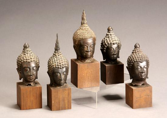 Appraisal: Five Thai Bronze Heads of The Buddha Thong C or