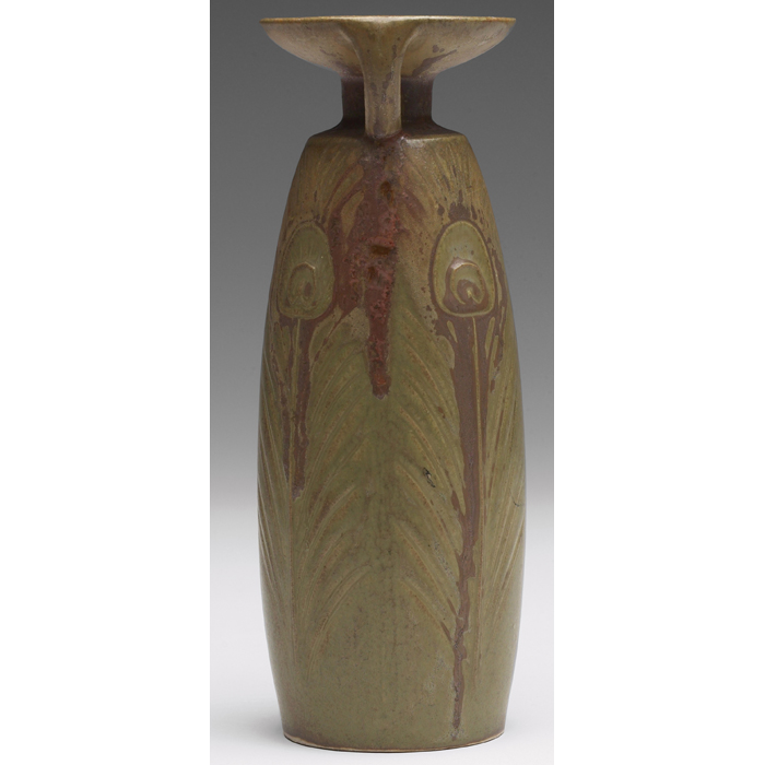 Appraisal: Denbac vase two handles at top and a carved peacock