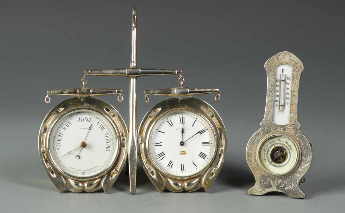 Appraisal: Silver Barometers Silver Barometers L Unusual Silver Plate horseshoe Barometer