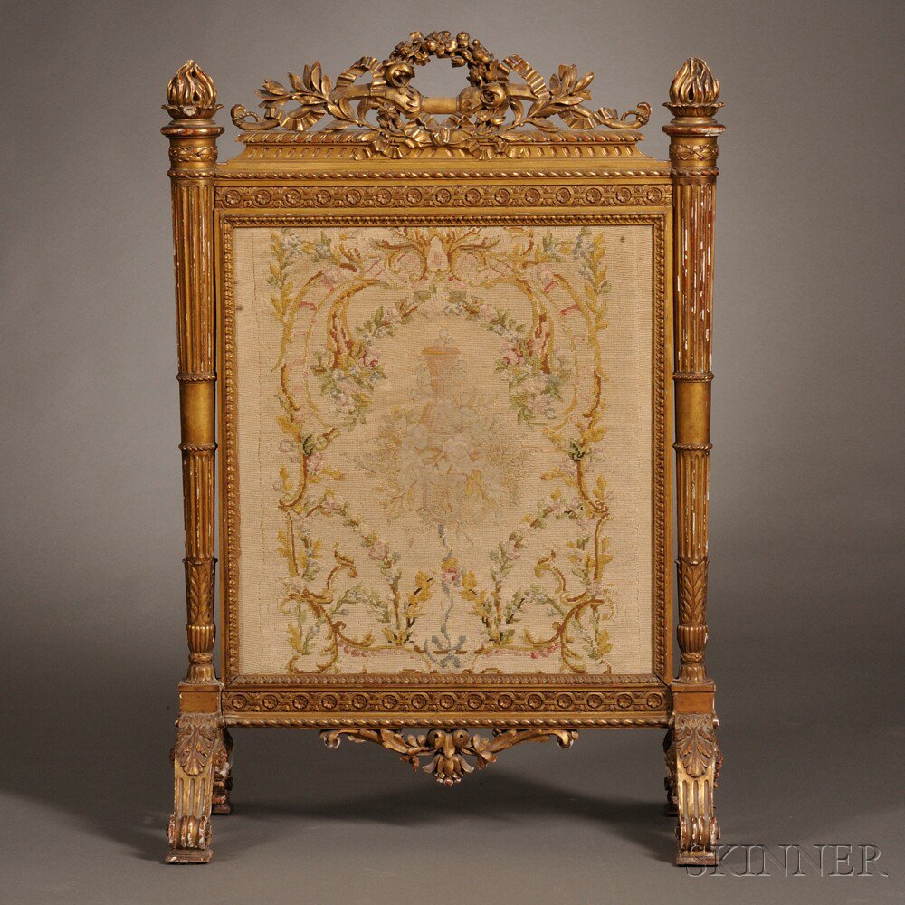 Appraisal: Neoclassical-style Carved Giltwood and Needlework Firescreen early th century the