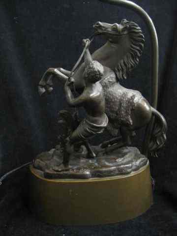 Appraisal: Bronze Figural Lamp Basewith man rearing horse signed Couston ''