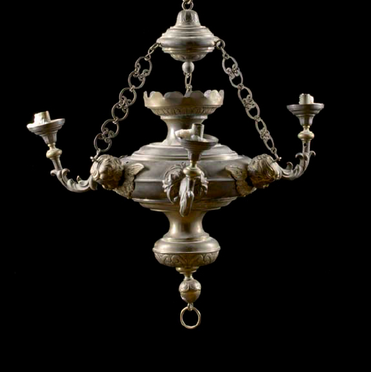 Appraisal: Large Continental Embossed Brass Three-Light Chandelier in the Baroque style