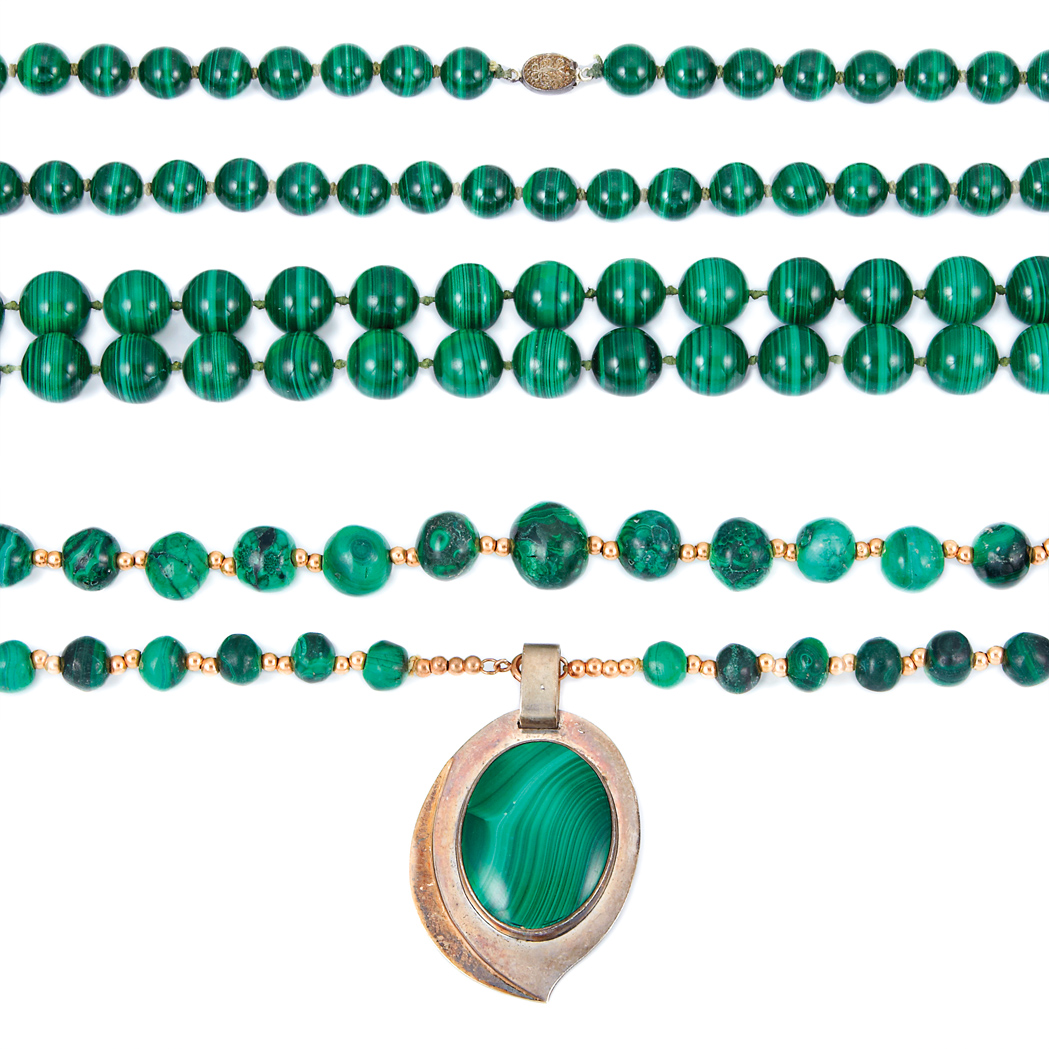 Appraisal: Four Assorted Strands of Malachite Beads Malachite beads ap to