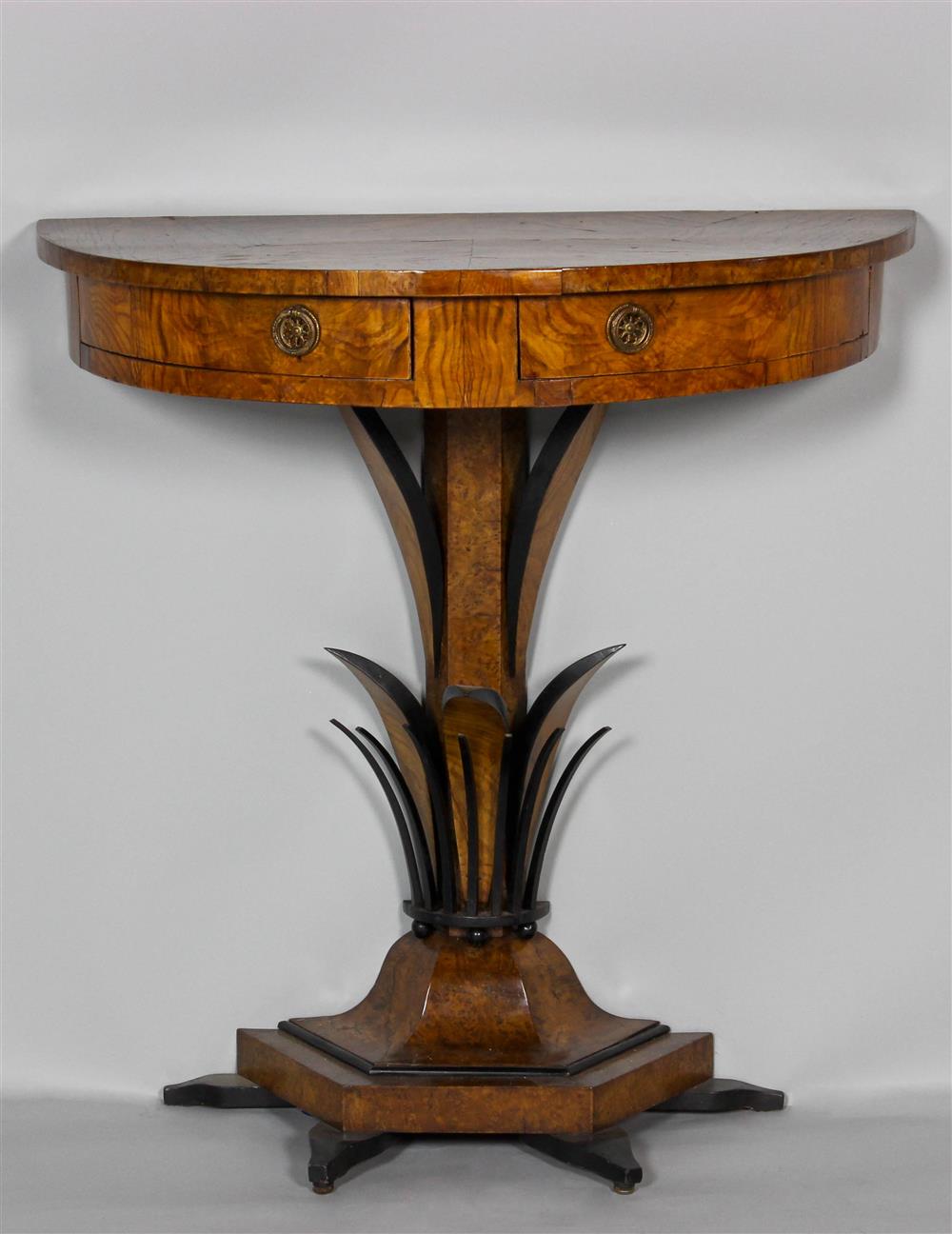 Appraisal: ART DECO BURRWOOD DEMILUNE SIDE TABLE with two drawers and