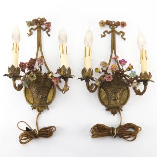 Appraisal: Pair of Antique French Gilt Bronze Sconces With Porcelain Flowers