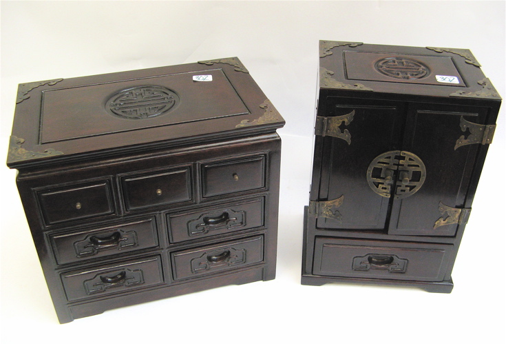 Appraisal: TWO CHINESE ROSEWOOD JEWELRY BOXES One with two doors open