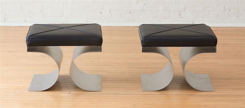 Appraisal: MICHEL BOYER PAIR OF LEATHER UPHOLSTERED STAINLESS STEEL STOOLS x