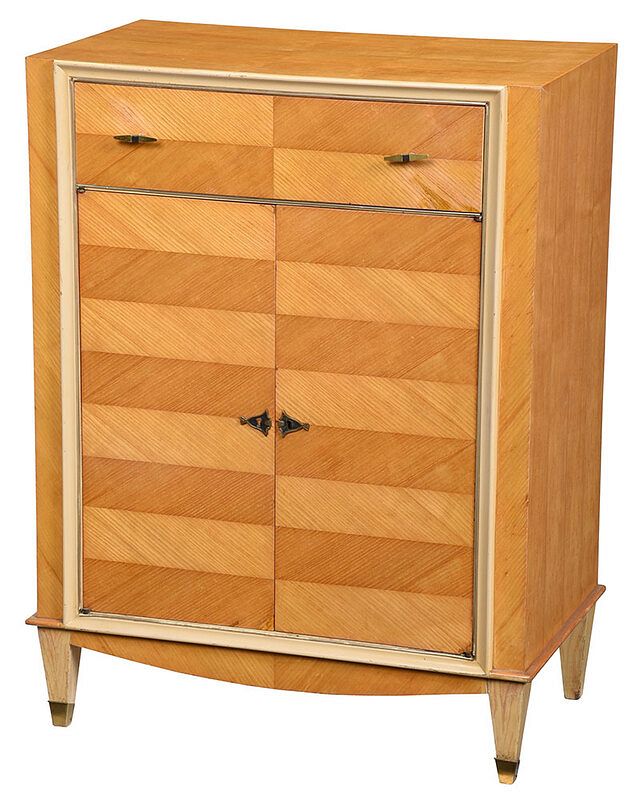 Appraisal: Mid Century Parquetry Veneered White Painted Cabinet circa s with