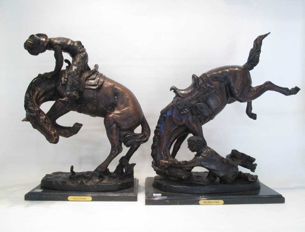 Appraisal: TWO PATINATED BRONZE SCULPTURES AFTER FREDERIC REMINGTON depicting figures on