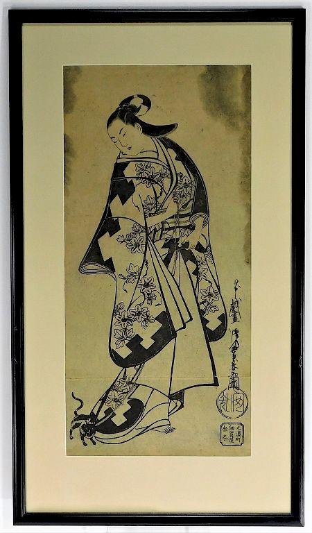 Appraisal: Torii Kiyonobu Geisha and Cat Woodblock Print Torii Kiyonobu II