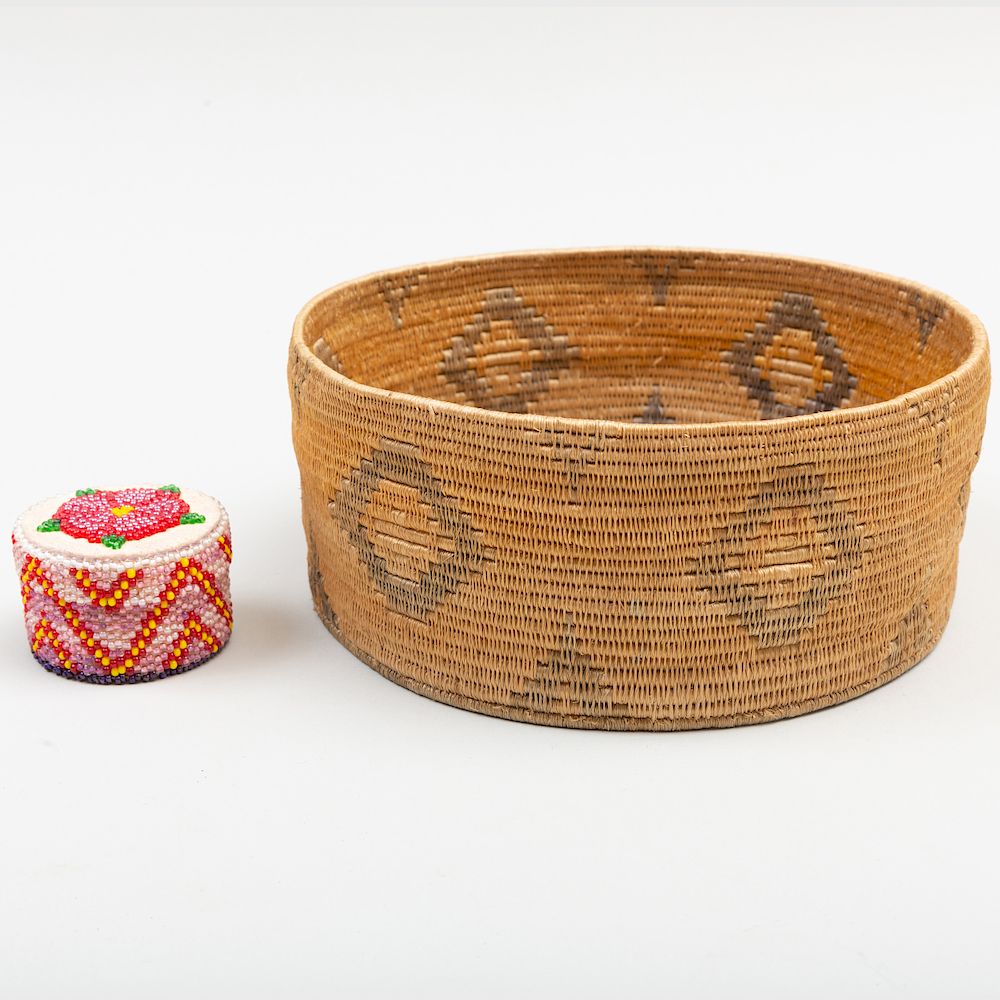 Appraisal: American Indian Woven Basket with Geometric Design Together with a