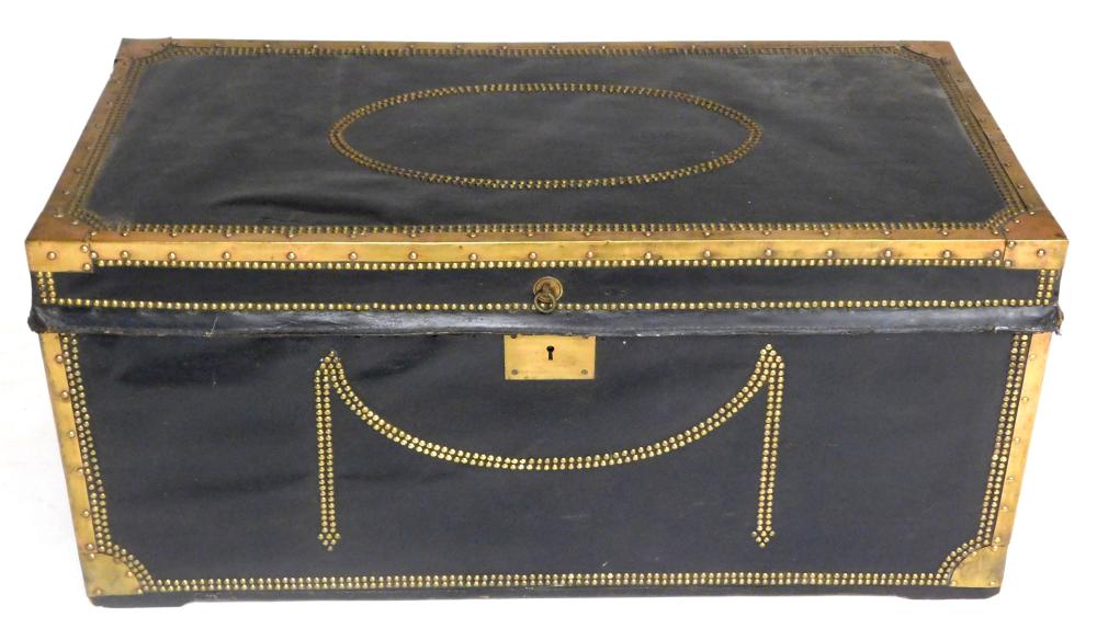 Appraisal: th C Chest leather covered wood brass bound and brass