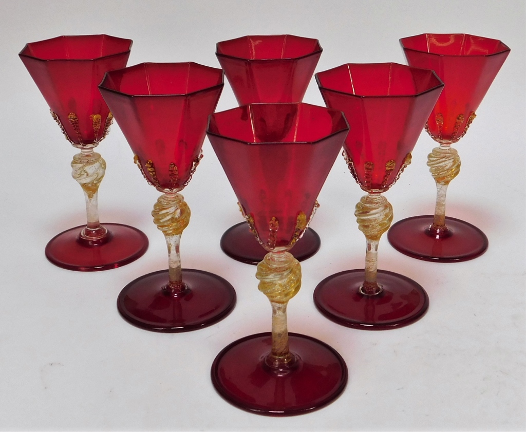 Appraisal: ITALIAN VENETIAN RED AVENTURINE WINE GLASSES Italy th CenturySet of