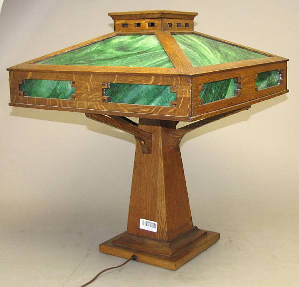 Appraisal: An Arts amp Crafts oak and green glass table lamp