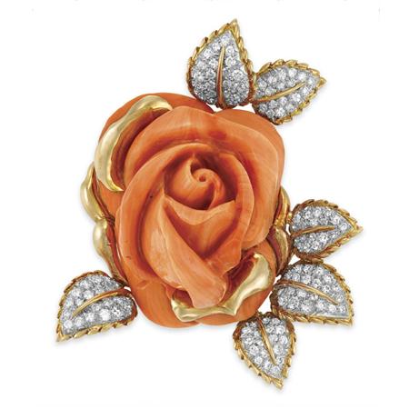 Appraisal: Gold Carved Coral and Diamond Flower Clip-Brooch Estimate -