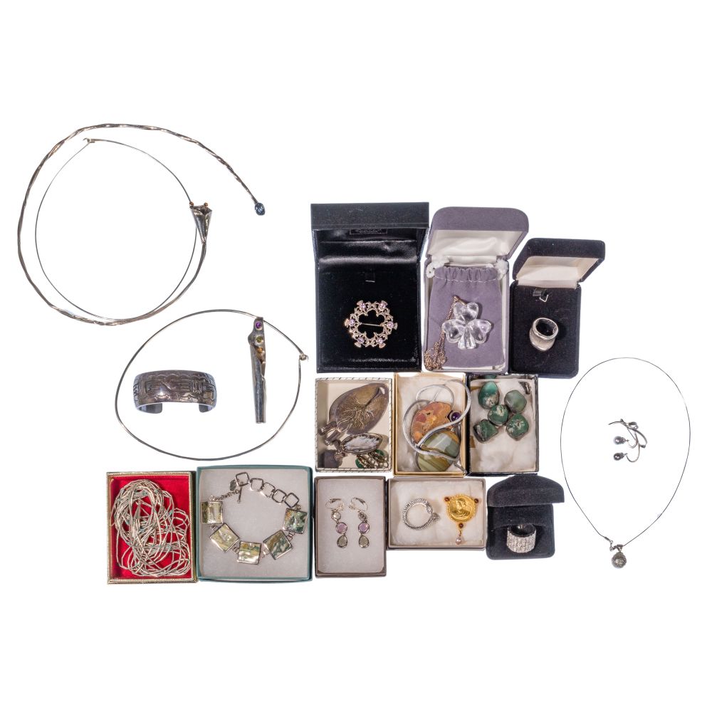 Appraisal: SILVER JEWELRY ASSORTMENTIncluding earrings pins pendants rings and bracelets some