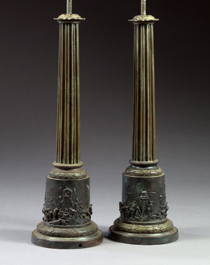 Appraisal: Tall Pair of English Bronze-Patinated Brass Kerosene Parlor Lamps in