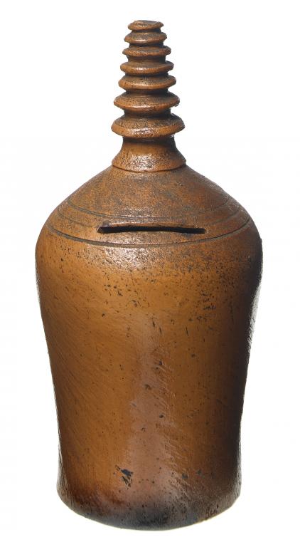 Appraisal: AN INSCRIBED SALTGLAZED BROWN STONEWARE BANK of inverted baluster shape