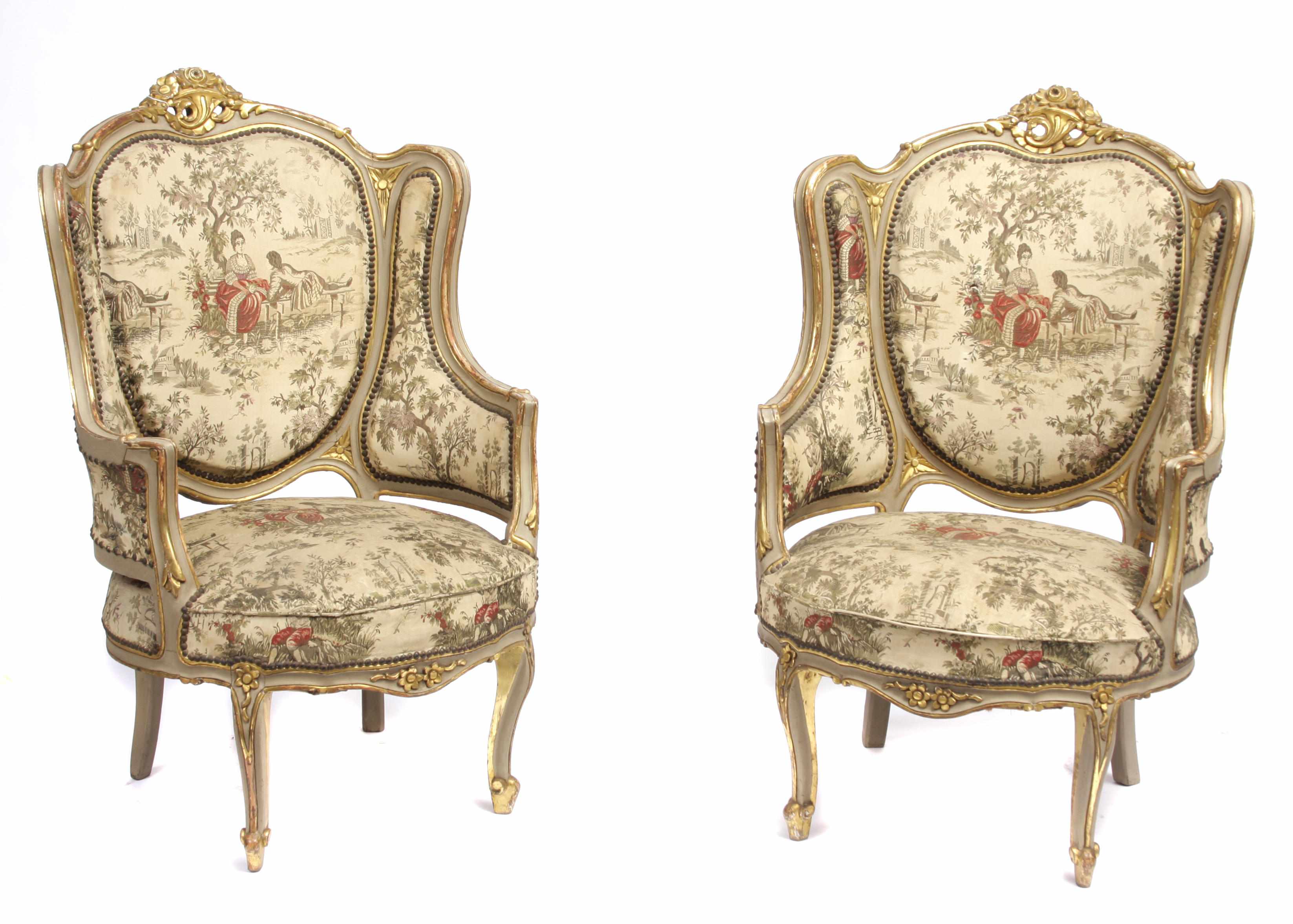 Appraisal: A pair of Louis XV style paint decorated bergeres height