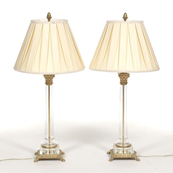 Appraisal: PAIR OF CRYSTAL CORINTHIAN COLUMN LAMPS overall Crystal offset with