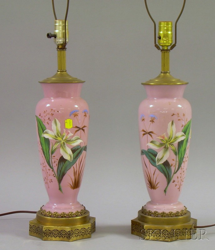 Appraisal: Pair Late Victorian Enamel Floral Decorated Pink Bristol Glass Vase