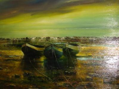 Appraisal: RONALD PAWSON Fishing Boats at Ebb Tide signed on board