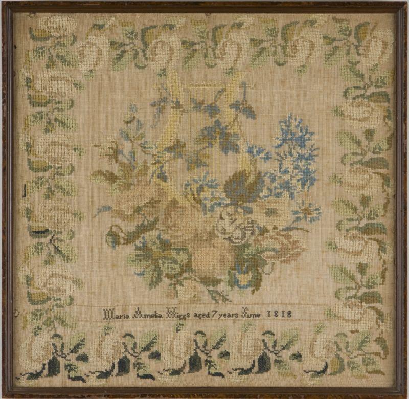 Appraisal: Pictorial Needlework natural silk on linen with a central lyre