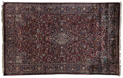 Appraisal: Kashan silk rug blue and ivory conforming central medallions with