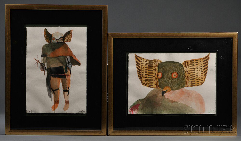 Appraisal: Two Contemporary Kachina Paintings by Leonard Baskin both watercolor on