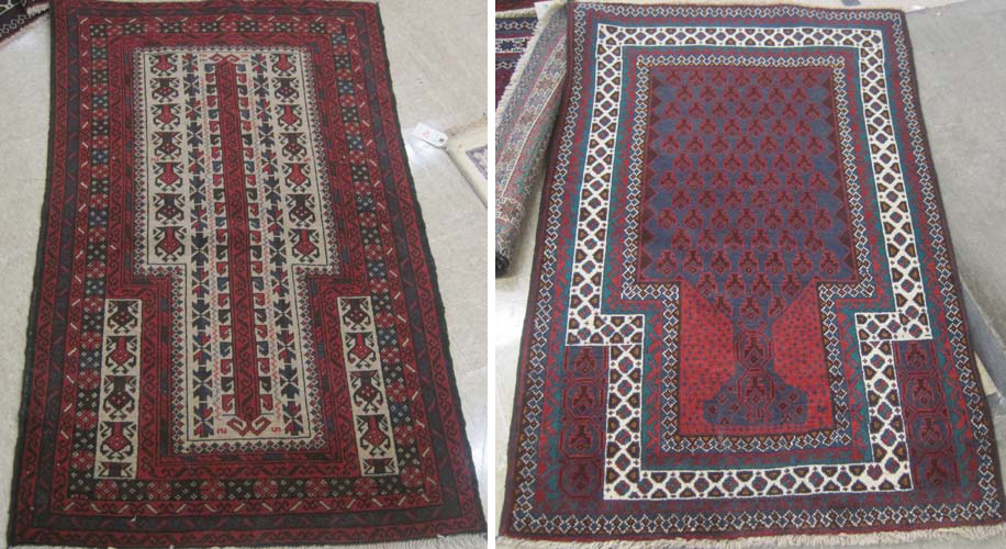 Appraisal: THREE AFGHAN BELOUCHI TRIBAL PRAYER RUGS all hand knotted wool