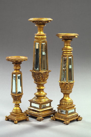 Appraisal: Graduated Trio of Italian Beveled Mirror-Inset Gilded Composition Candlestands in