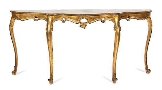 Appraisal: A Louis XV Style Carved Giltwood Serpentine Console Table Height