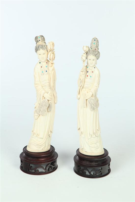 Appraisal: TWO CARVED IVORY WOMEN China early th century Similar gracefully