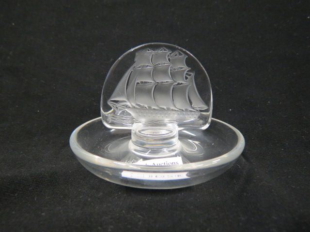 Appraisal: Lalique Crystal Pin Dish with Sailing Ship frosted intaglio cut