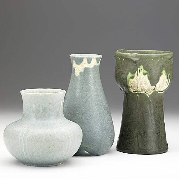 Appraisal: GRUEBYThree vases in assorted glazesGlaze misses to all seconded mark