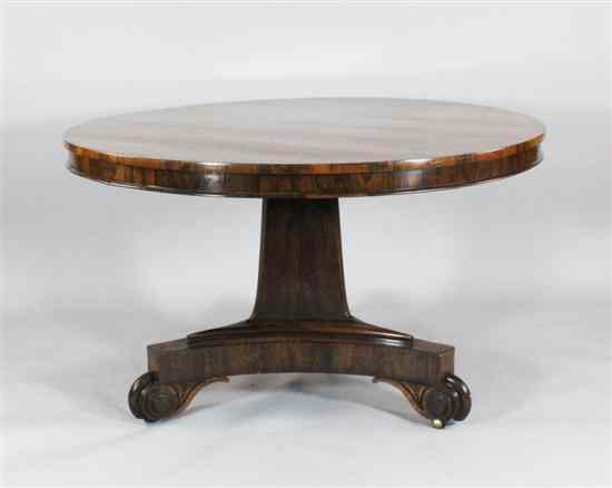 Appraisal: A William IV rosewood circular breakfast table on triangular platform