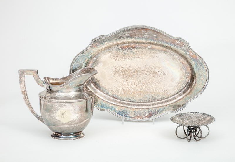 Appraisal: AMERICAN SILVER-PLATED WATER PITCHER A SIVER-PLATED MEAT DISH AND A