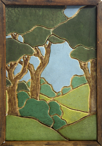 Appraisal: HARTFORD FAIENCE Rare mosaic tile panel with a hilly landscape