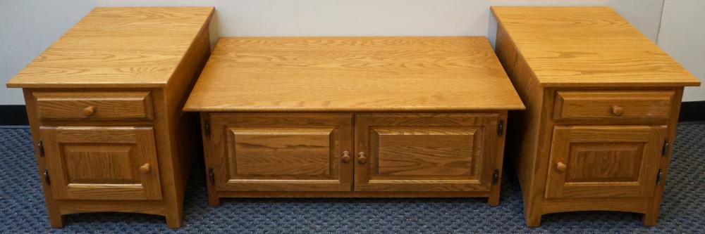 Appraisal: OAK COFFEE TABLE-CABINET AND A PAIR OF OAK SIDE TABLESOak