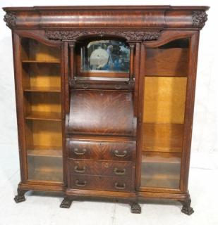 Appraisal: Antique Quarter Sewn Oak Bookcase Secretary Desk Carved lion heads