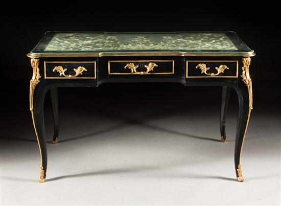 Appraisal: Louis XV style brass-mounted ebonized wood bureau plat late th