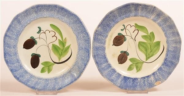 Appraisal: Two Blue Spatter China Acorn Pattern Plates Two Blue Spatter