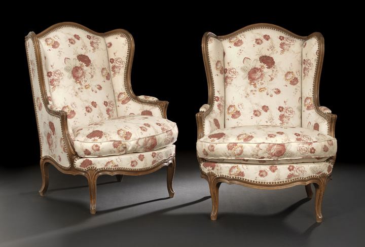 Appraisal: Pair of Louis XV-Style Fruitwood Bergeres avec Orielles third quarter