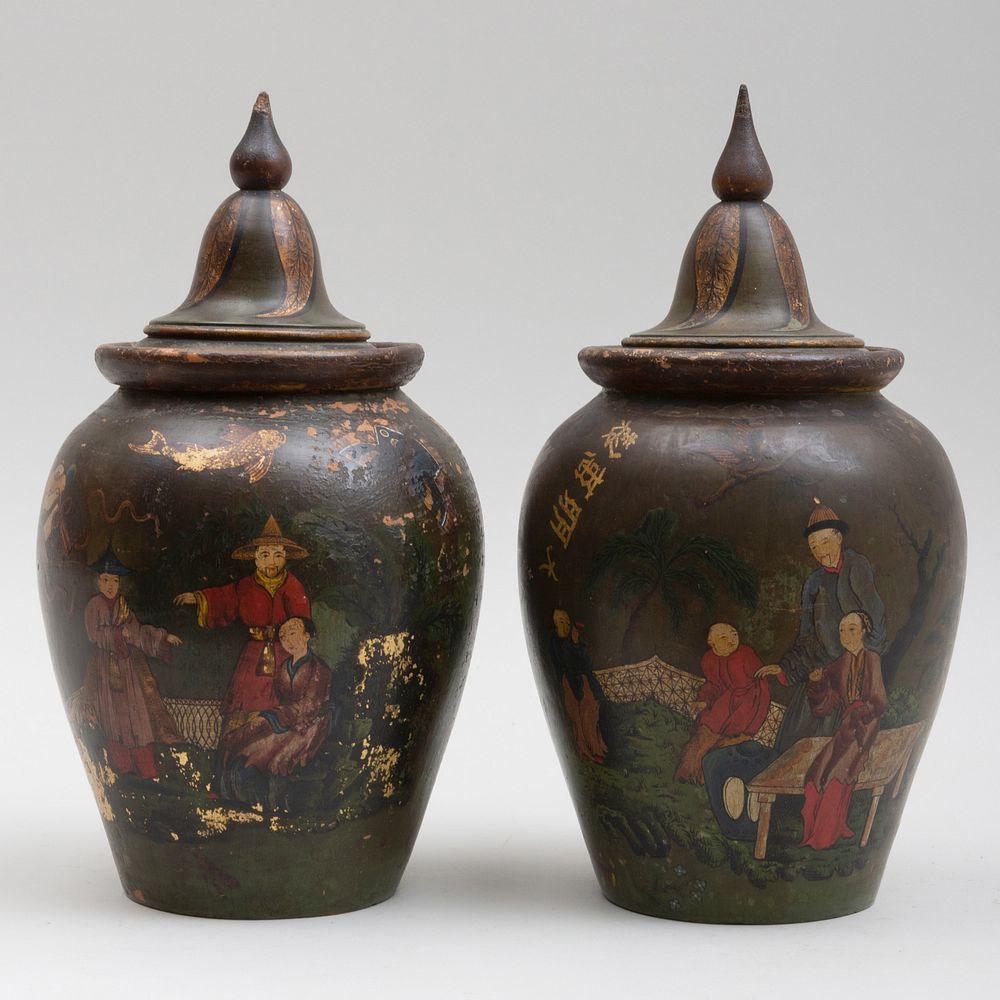 Appraisal: Pair of Chinoiserie Polychrome Painted Terracotta Jars with a Pair