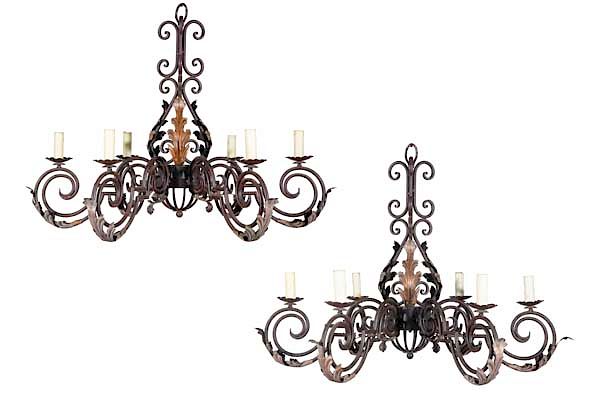 Appraisal: Pair Baroque style metal six light chandeliers A pair of