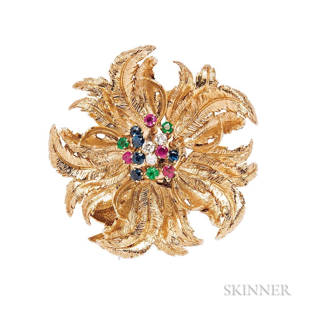 Appraisal: kt Gold Gem-set Flower Brooch kt Gold Gem-set Flower Brooch