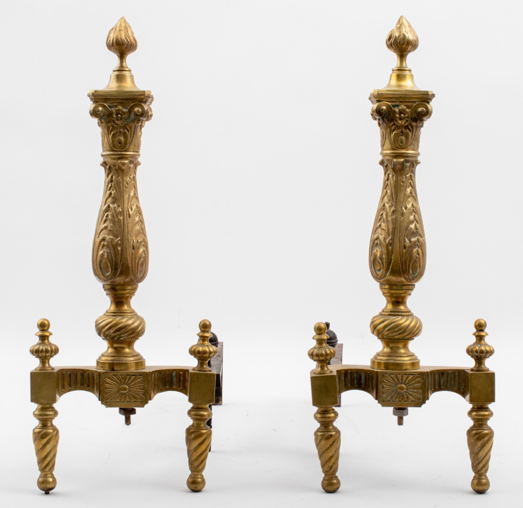 Appraisal: FRENCH LOUIS XIV MANNER GILT BRASS ANDIRONS PR French Louis