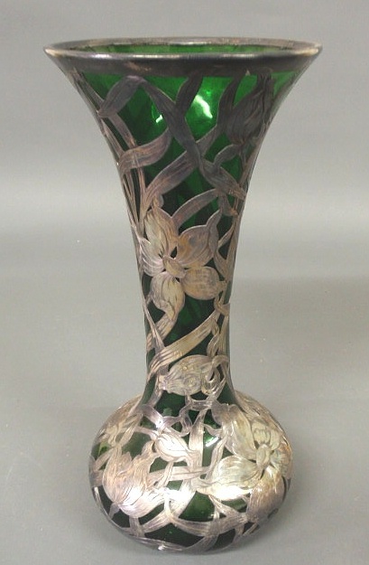 Appraisal: Green glass vase with sterling silver overlay c h